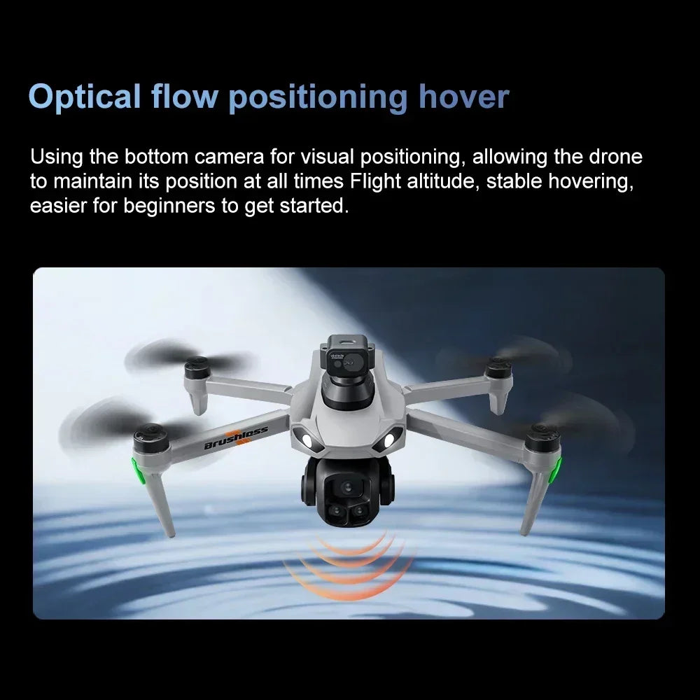 A small quadcopter drone is shown hovering above water, demonstrating optical flow positioning.