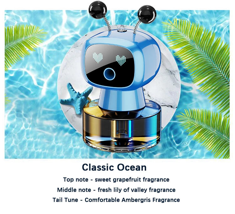 A blue smart car aroma diffuser floating in clear water with green palm leaves surrounding it.