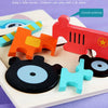 A wooden jigsaw puzzle featuring red and orange 3D animal shapes for children.
