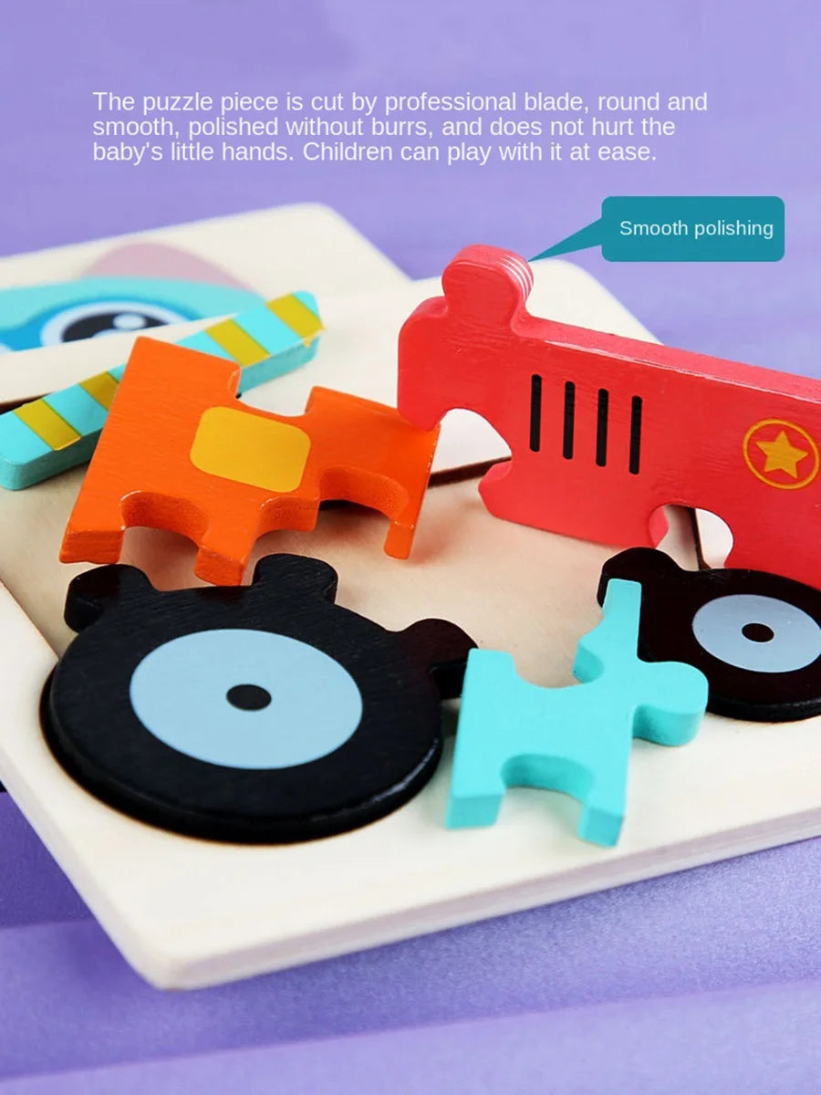 A wooden jigsaw puzzle featuring red and orange 3D animal shapes for children.