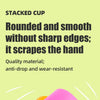A close-up of a stacked cup product with text describing its rounded edges and quality material.