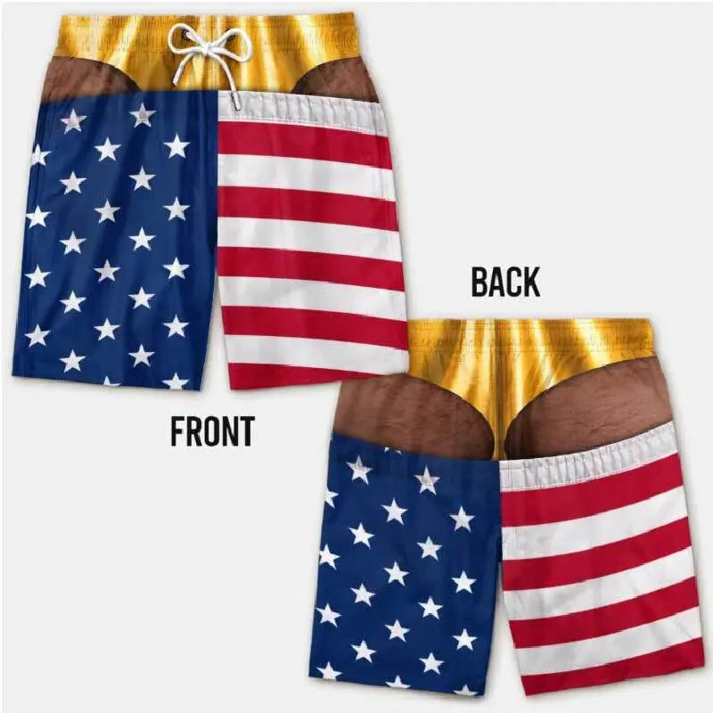 Men's quick-dry swim trunks featuring a patriotic American flag print on the front and back.