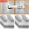 A set of stainless steel cabinet door hinge repair plates and screws for installation.