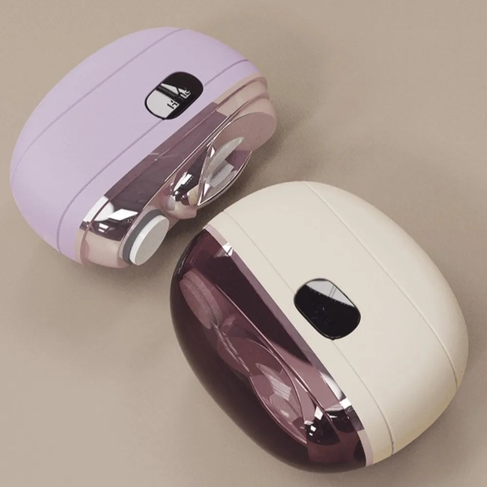 A pair of pink and cream rechargeable electric nail clippers and grinders shown from above.