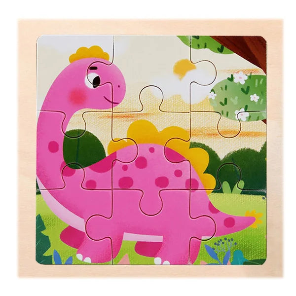 A pink dinosaur puzzle featuring a long-necked plant-eater in a grassy outdoor scene.