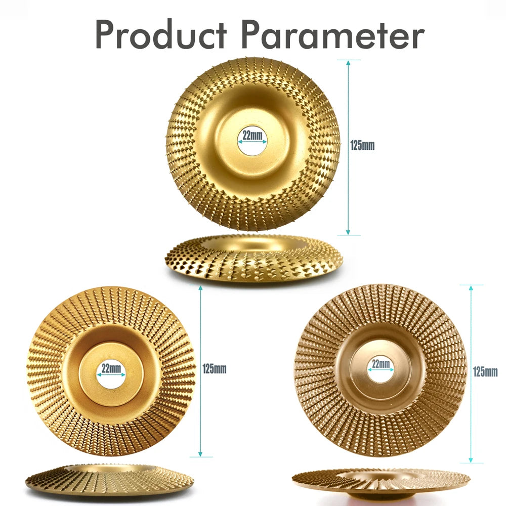 Three brass angle grinder wood carving discs with 125mm diameter and 22mm inner diameter