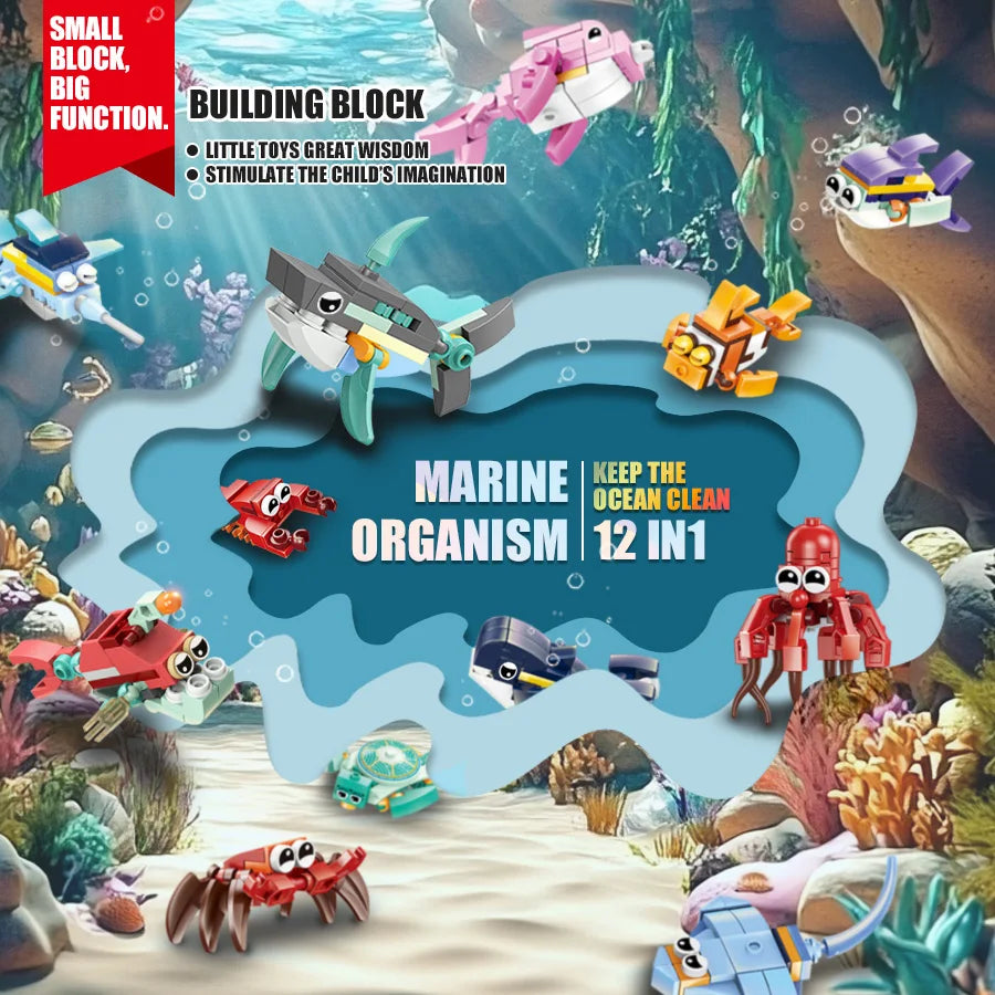A set of 12 in 1 marine animal building blocks featuring various sea creatures like a pink shark and other ocean life.