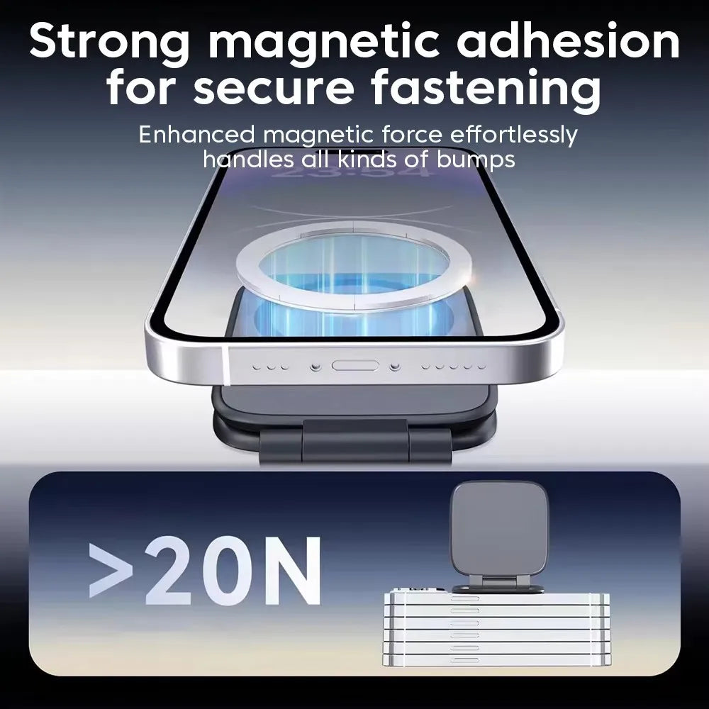 A close-up view of a magnetic phone holder device demonstrating strong magnetic adhesion for secure fastening.