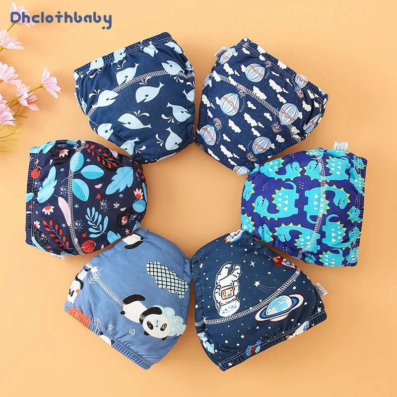 A pack of reusable cotton potty training pants for toddlers in various patterns and colors.