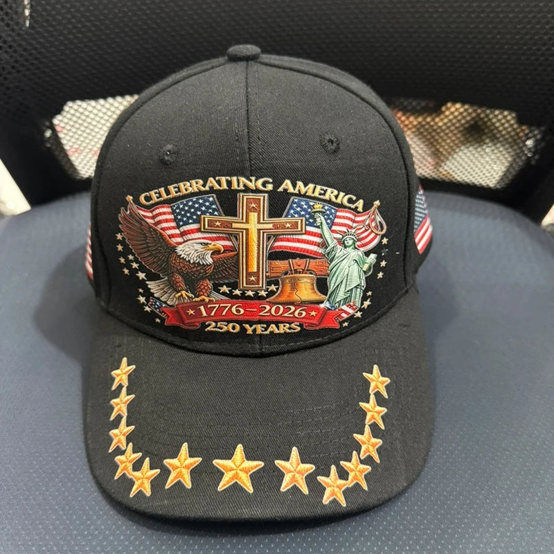 Black baseball cap featuring a patriotic graphic design with an eagle, cross, and liberty statue.