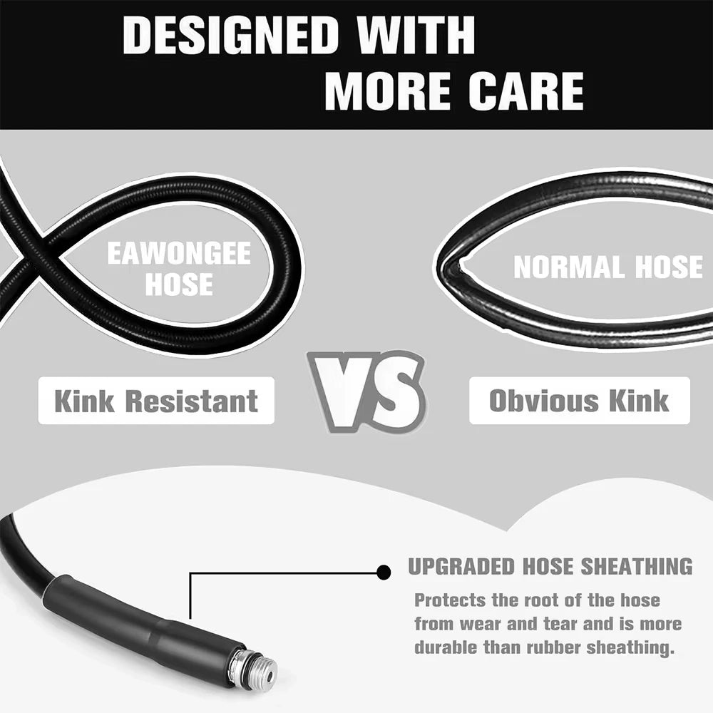 Comparison showing a kink resistant hose versus an obvious kink hose, highlighting upgraded hose sheathing for durability.