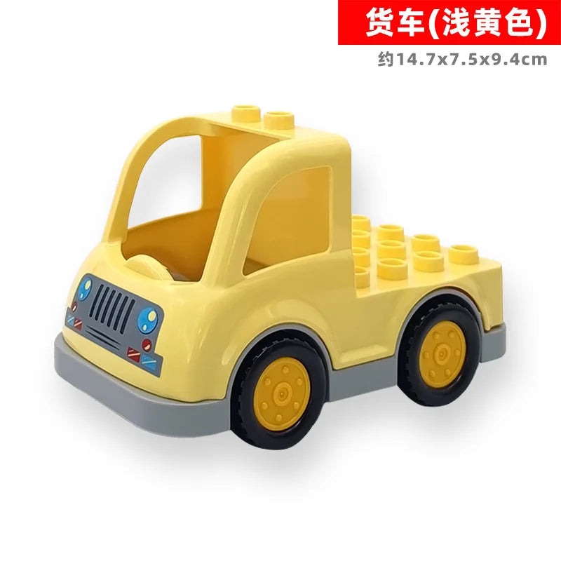 Yellow toy truck building block set with a trailer