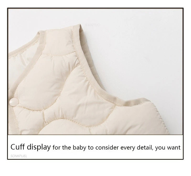 A close-up view of a beige quilted vest cuff display for a baby.