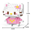 A white and pink micro building block figurine of a cat, shown from the front with dimensions.
