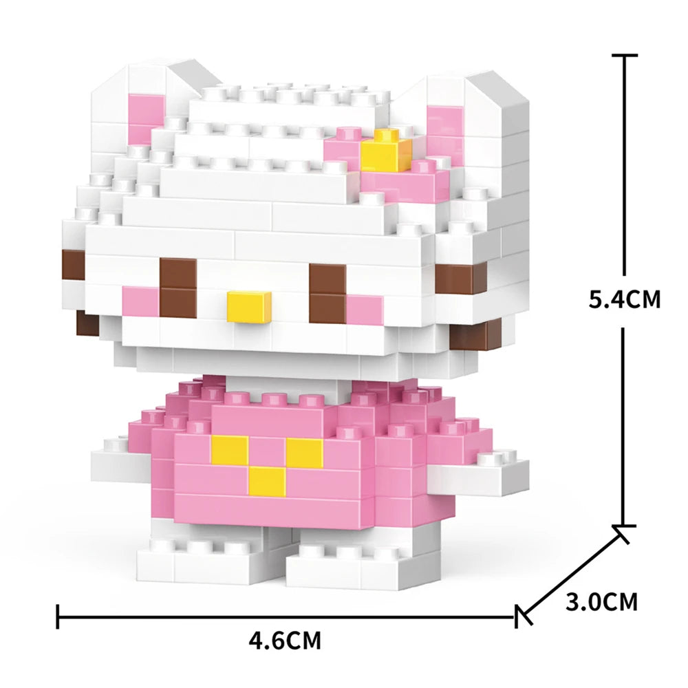 A white and pink micro building block figurine of a cat, shown from the front with dimensions.
