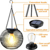 A black metal hanging lantern with a glass bulb, featuring convenient hooks, a durable chain and hook, an upgraded battery pl