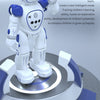 A white interactive RC robot with blue accents is shown standing on a circular base, demonstrating multiple functions for edu