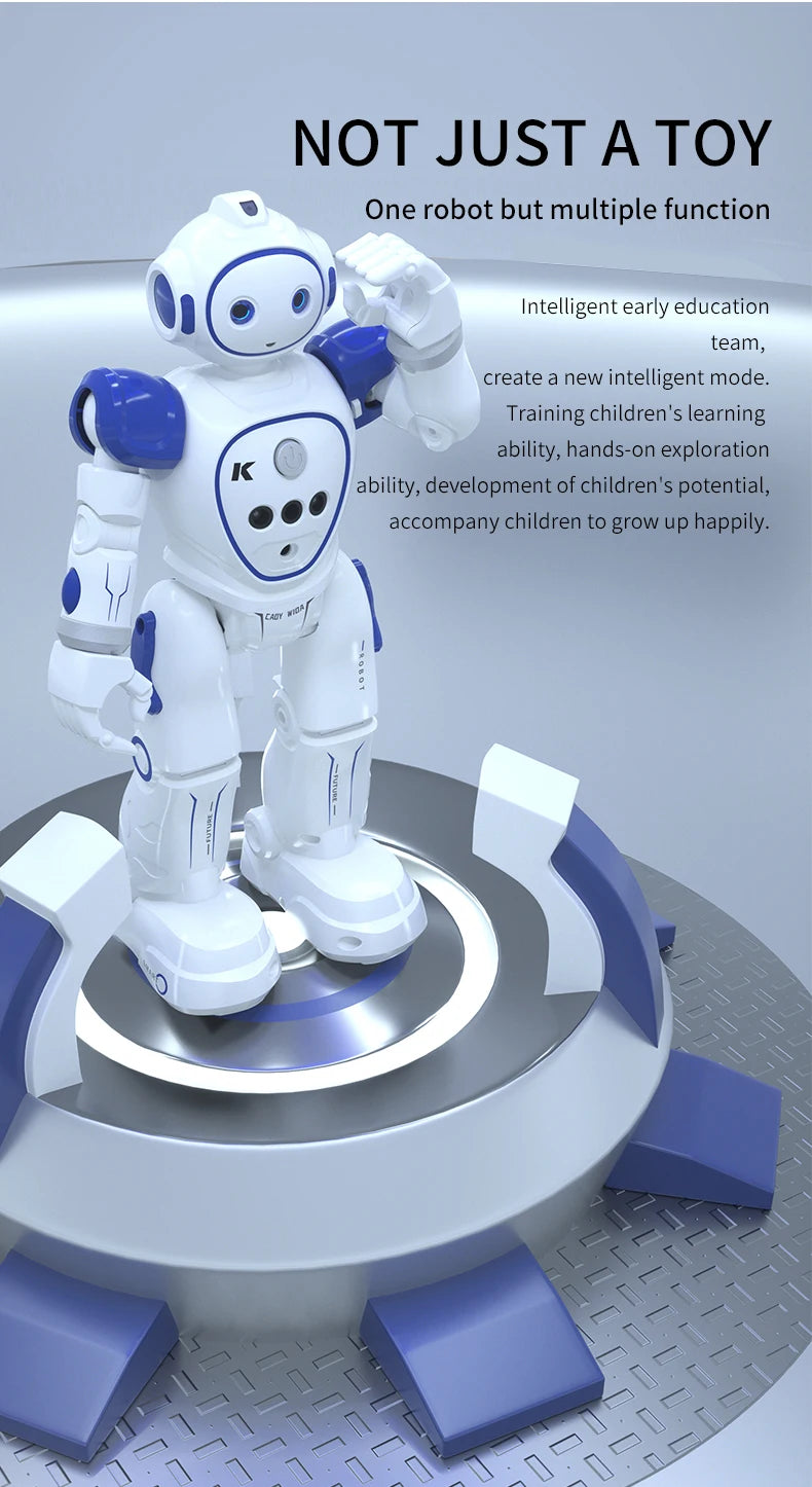 A white interactive RC robot with blue accents is shown standing on a circular base, demonstrating multiple functions for edu