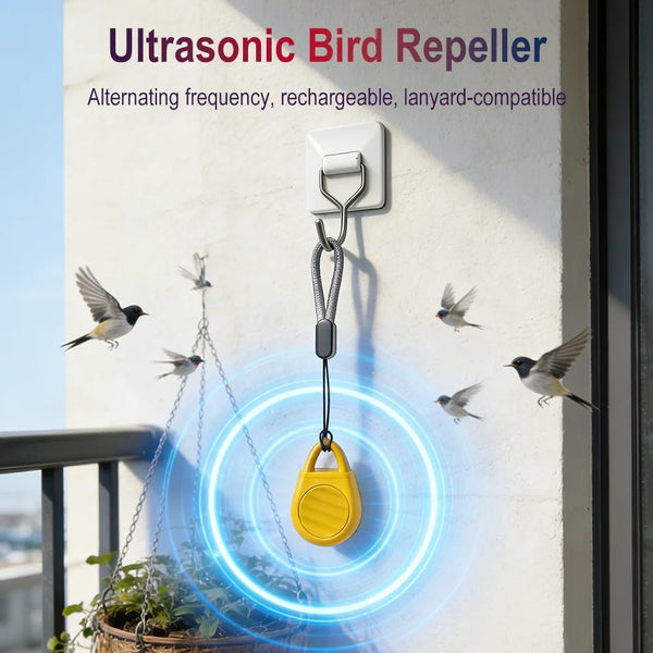 A yellow ultrasonic bird repeller is shown hanging on a wall, emitting blue sound waves near flying birds.