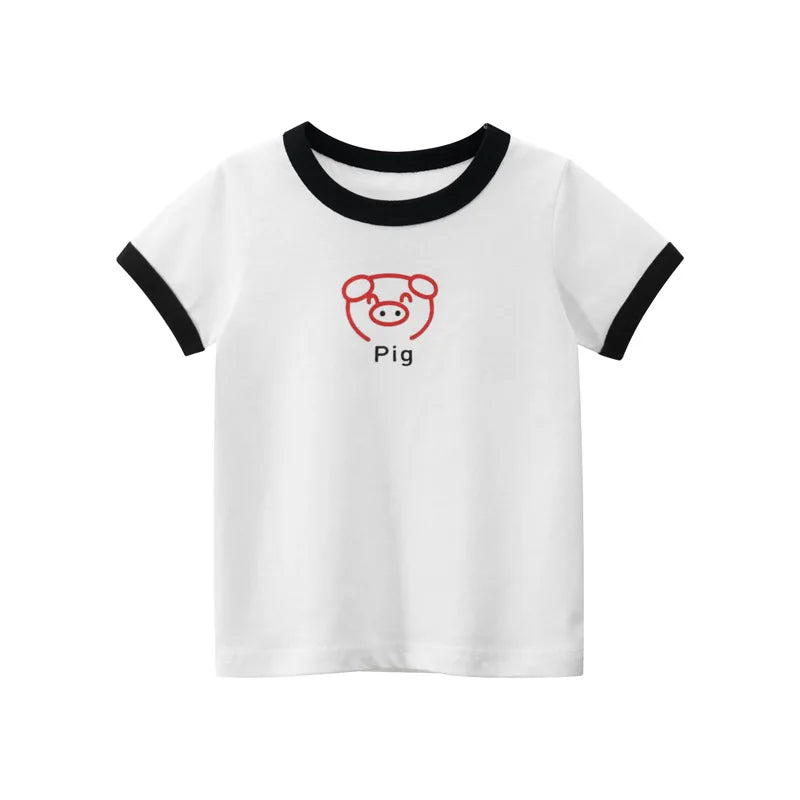 A white short-sleeve t-shirt featuring a red pig face graphic on the chest.