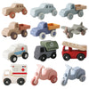 A set of silicone teether toy cars in various colors and shapes for babies.