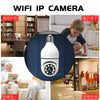 A white WiFi IP camera is shown in various indoor settings, demonstrating its use for home security monitoring.
