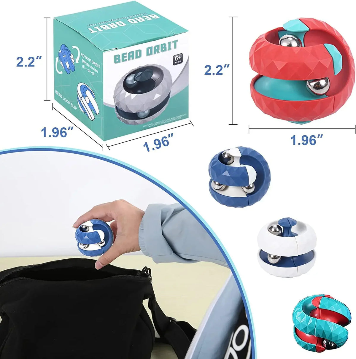 Fargerike orbitball-fidgetkuber og deler ved siden av en hånd og en svart bag.