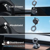 Three views of a 360° rotating magnetic foldable phone holder for car and desk, showing its use on a car screen, windshield, 