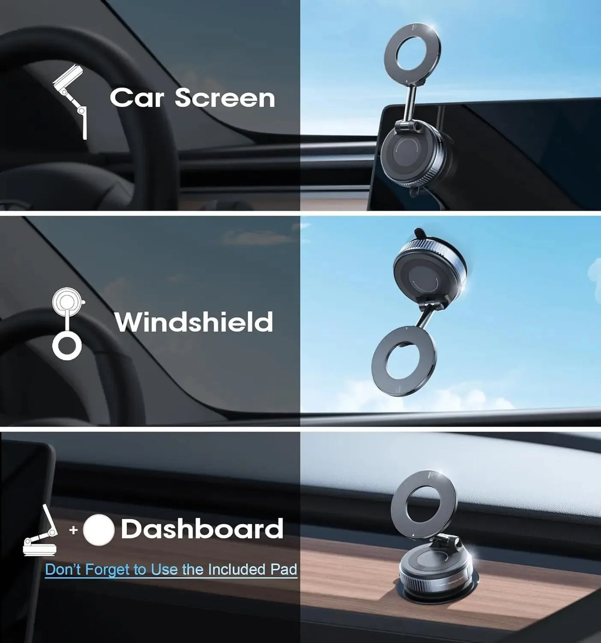 Three views of a 360° rotating magnetic foldable phone holder for car and desk, showing its use on a car screen, windshield, 