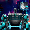 A futuristic, teal and black RC stunt car with robotic arms is shown in a dynamic pose.