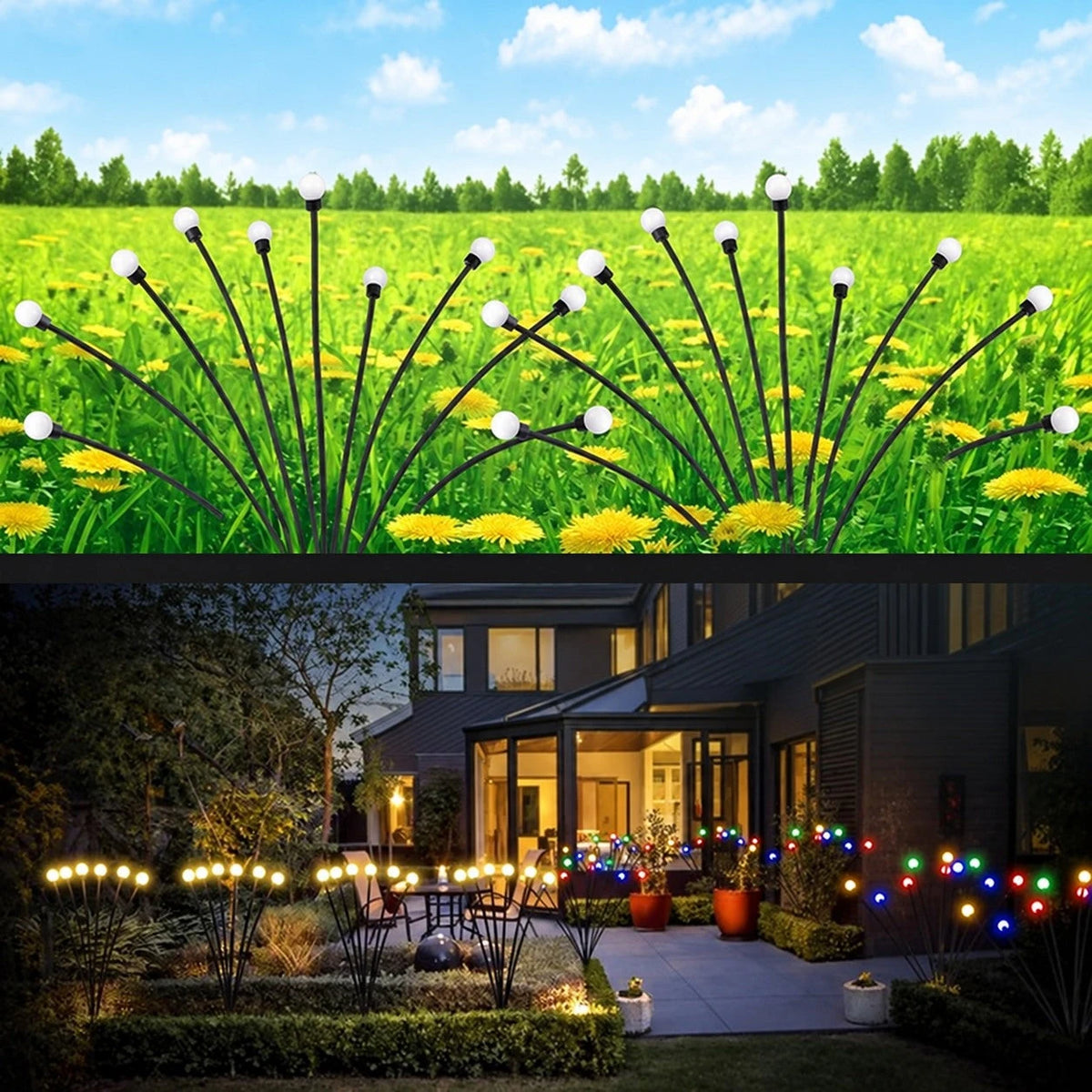 Solar Firefly lights shown in daytime and in warm-white and multicolor garden arrangements