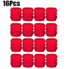 A set of 16 red tire valve caps for automotive use.