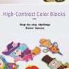 High-contrast color blocks featuring various vehicles and characters for a step-by-step puzzle challenge