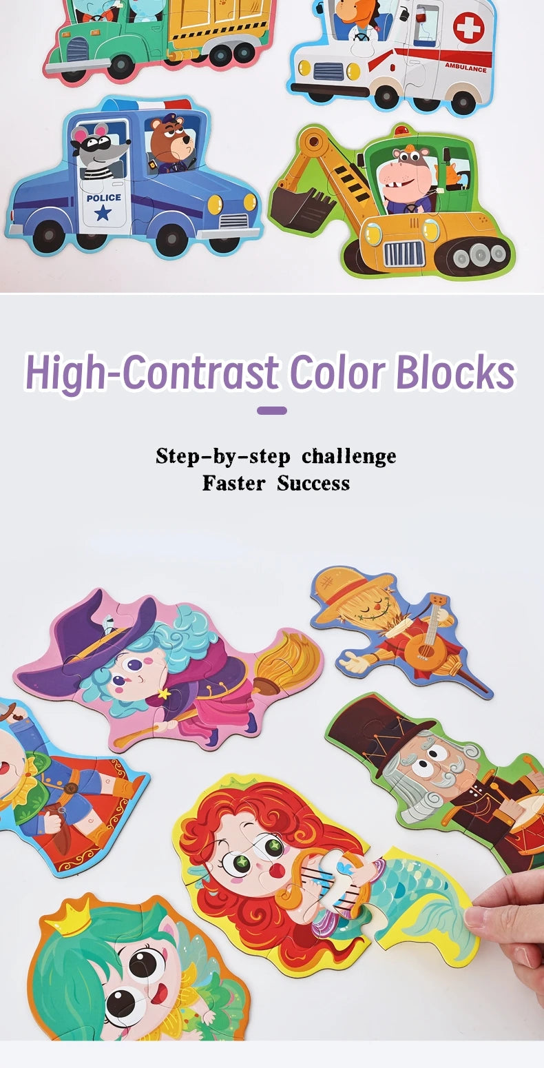 High-contrast color blocks featuring various vehicles and characters for a step-by-step puzzle challenge