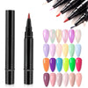 A collection of gel polish pens featuring various shades of nail color in a row.