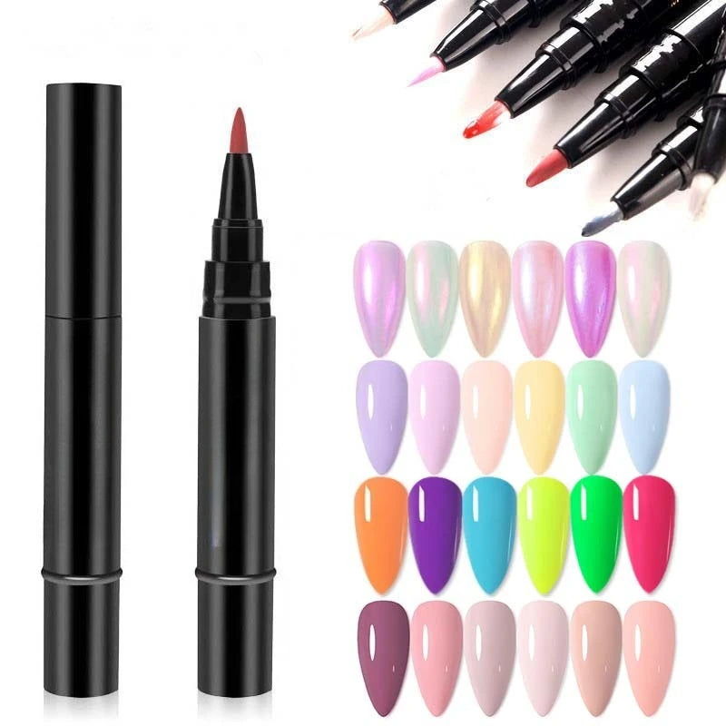 A collection of gel polish pens featuring various shades of nail color in a row.