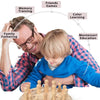 A father and son play a wooden memory match stick chess game together, illustrating family parenting and memory training.