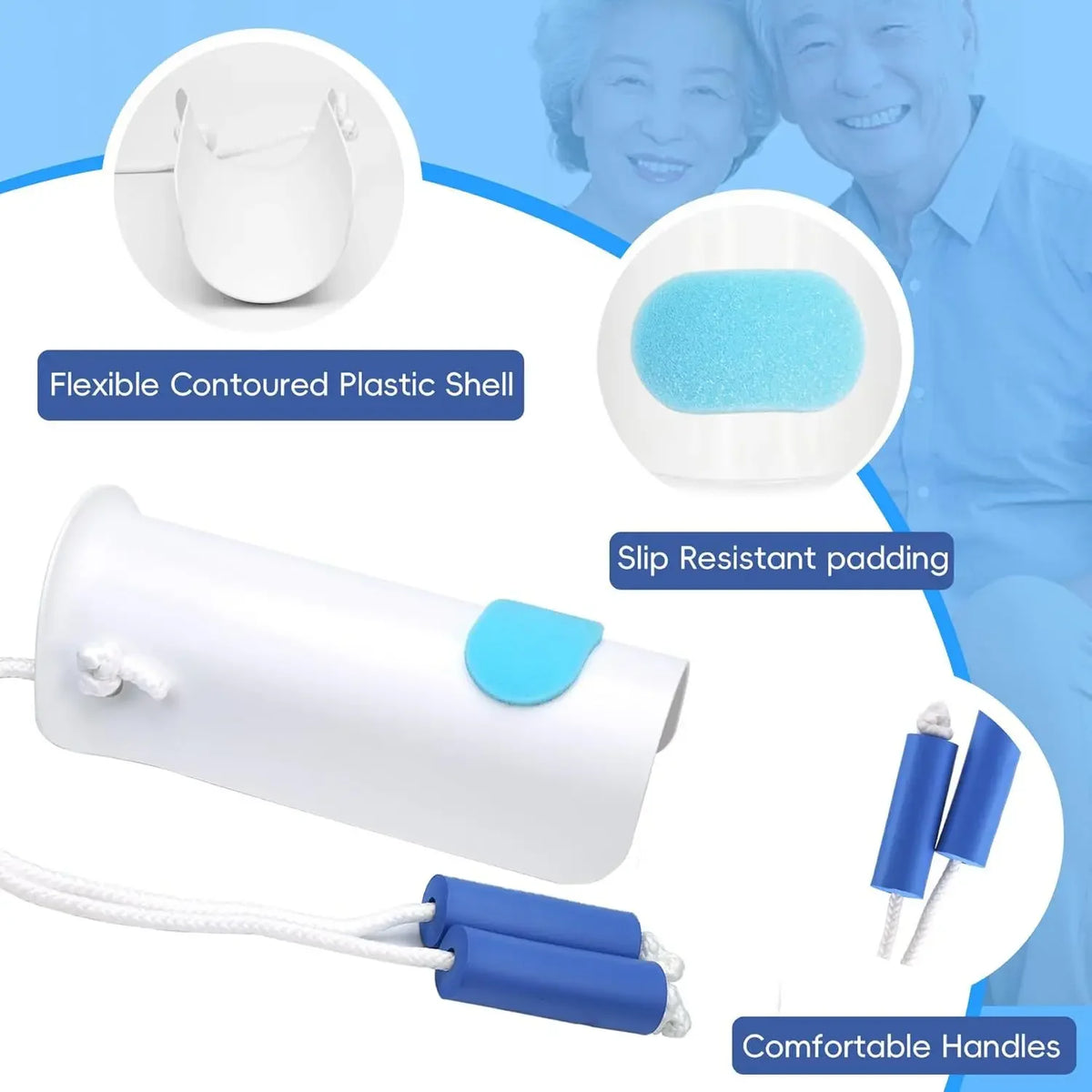 A white sock aid featuring a flexible contoured plastic shell, slip resistant padding, and comfortable blue handles for easy 