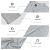 Detail shots of a gray men's casual long-sleeve shirt showing neck, cuff, hem, and fabric texture.