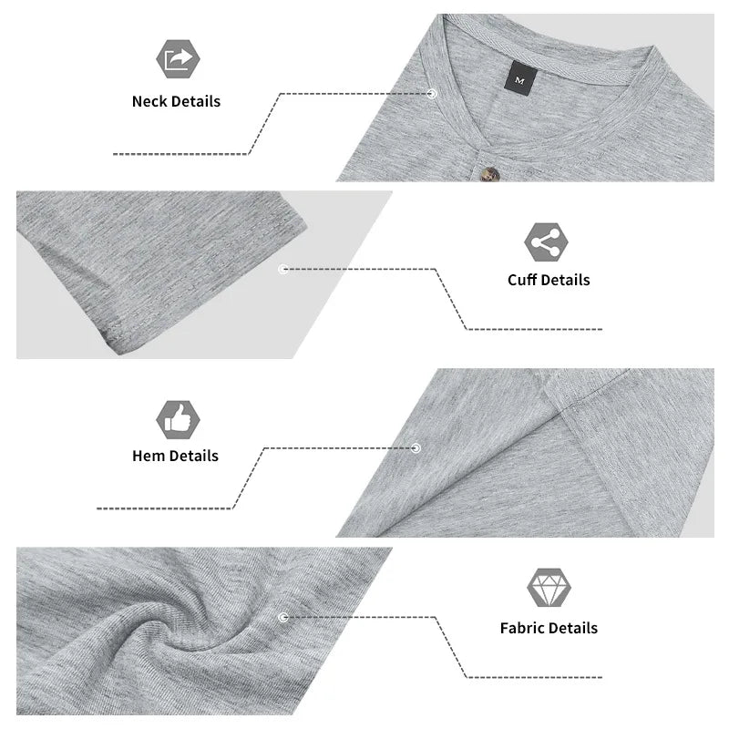 Detail shots of a gray men's casual long-sleeve shirt showing neck, cuff, hem, and fabric texture.