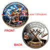A challenge coin featuring a skeleton member of the Old Bastards Lineman Club with tools and text.