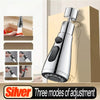 Silver faucet extender sprayer with three modes of adjustment shown next to a kitchen sink.