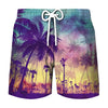 Purple and green tropical coconut tree printed swim trunks for men