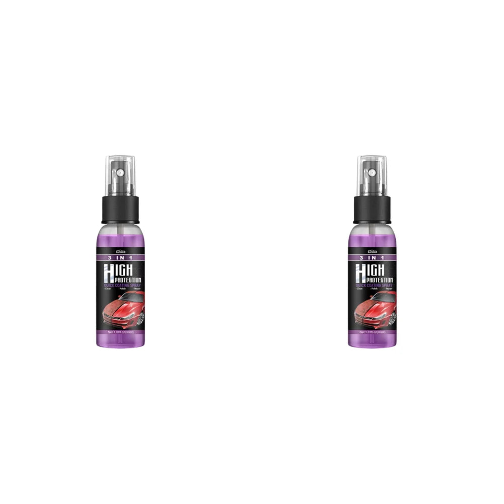 A bottle of 3-in-1 Nano Ceramic Coating Spray for Cars with a black pump and purple liquid.