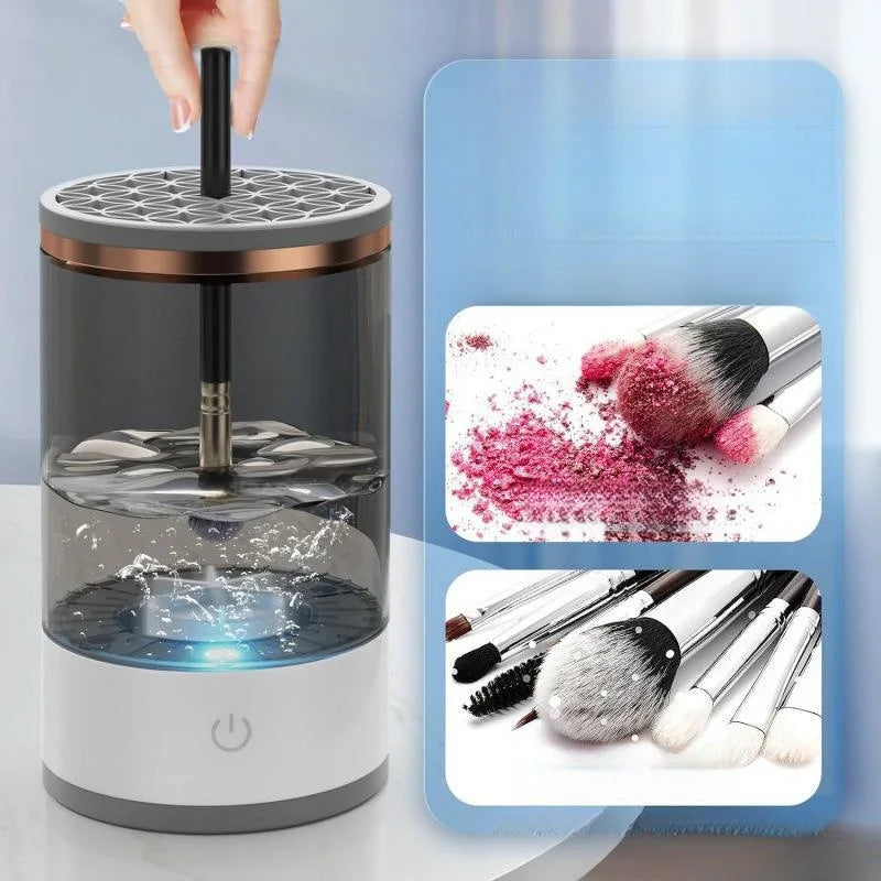 A white and gray electric makeup brush cleaner device with a rotating head is shown next to various makeup brushes.