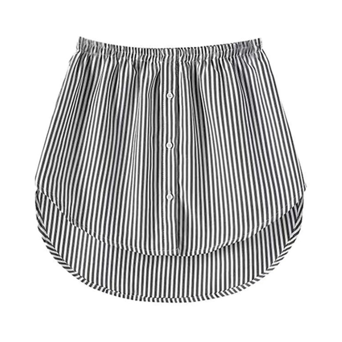 A black and white striped shirt extender with an elastic waistband.