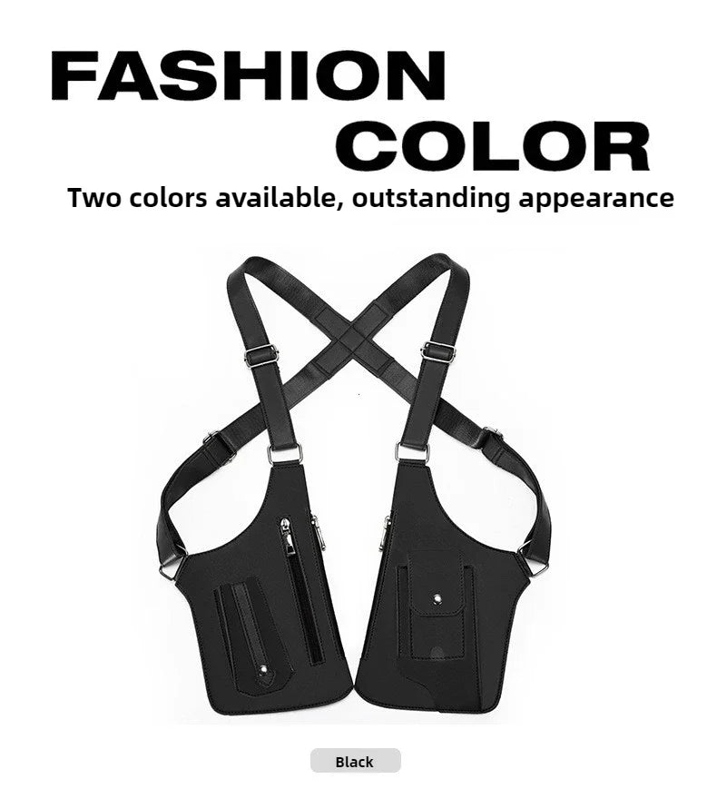 Bolso táctico cruzado para hombre, negro, con doble correa para hombro, sobre fondo blanco.