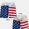 Men's quick-dry swim trunks featuring a patriotic American flag print in blue, white, and red stripes and stars.