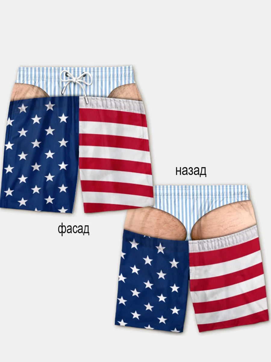 Men's quick-dry swim trunks featuring a patriotic American flag print in blue, white, and red stripes and stars.