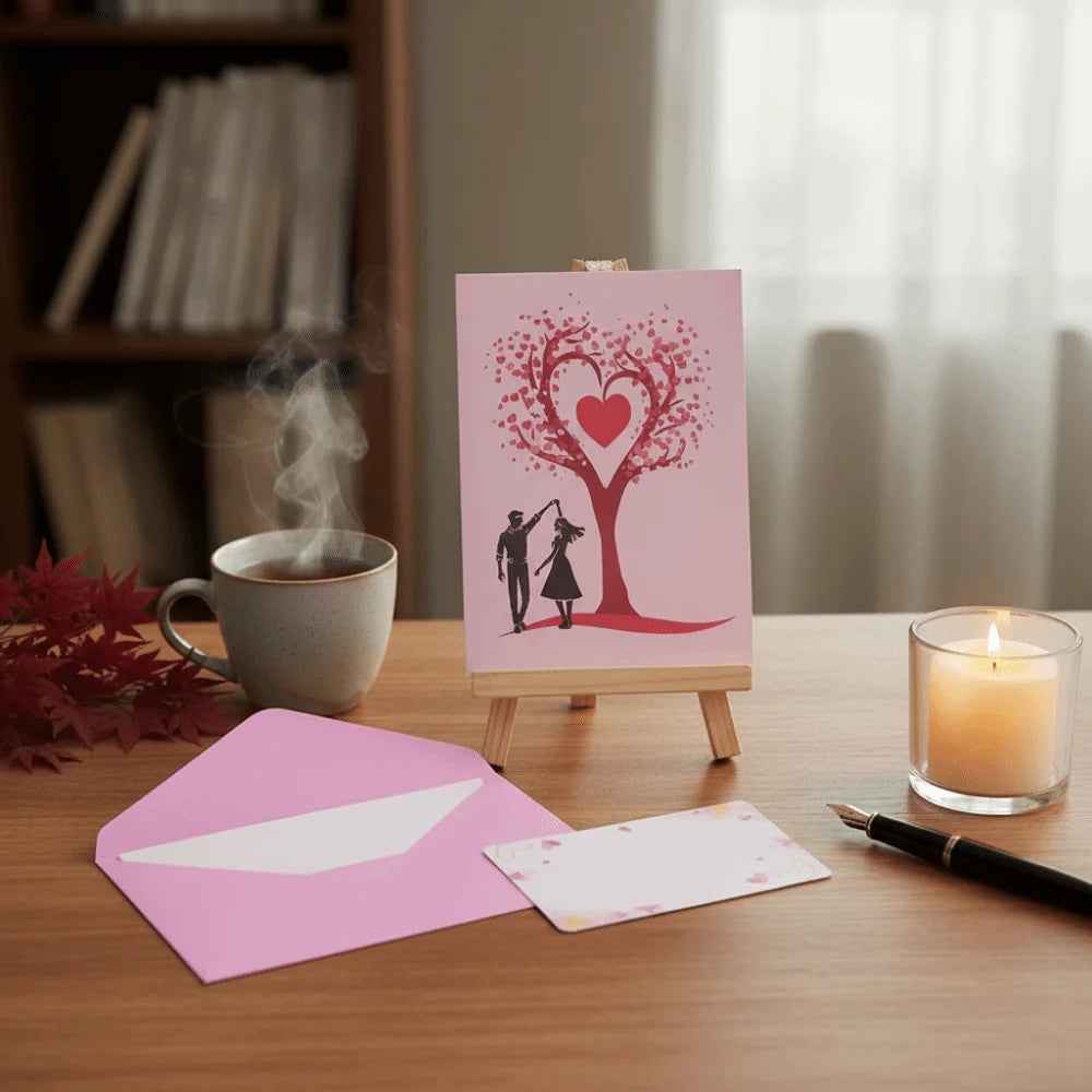 A pink card featuring a red heart tree silhouette with a couple standing beneath it, placed on a wooden table.